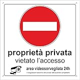 Pubblimania PROPRIETA' PRIVATA DIVIETO DI ACCESSO AREA VIDEOSORVEGLIATA | Cartello in Alluminio per esterno, metallo spessore 3 mm - Cm 29X29