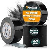 Hinrichs Nastro Telato Nero - 4 Rotoli di Nastro Americano 50m x 50mm - Duct Tape extra forte - Gaffa Tape Impermeabile - Nastro in Tessuto largo - Nastro Adesivo per Interno ed Esterno